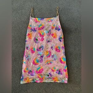 Pink Sequin Party Dress with Gold Chain Straps. Size Large.